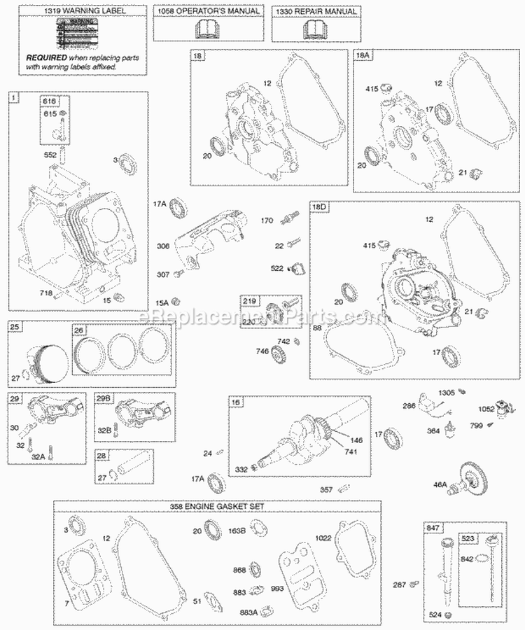 Camshaft Crankcase Cover Crankshaft Cylinder Lubrication Piston Group Diagram and Parts List for 12H332-0113-B8  Briggs and Stratton Engine